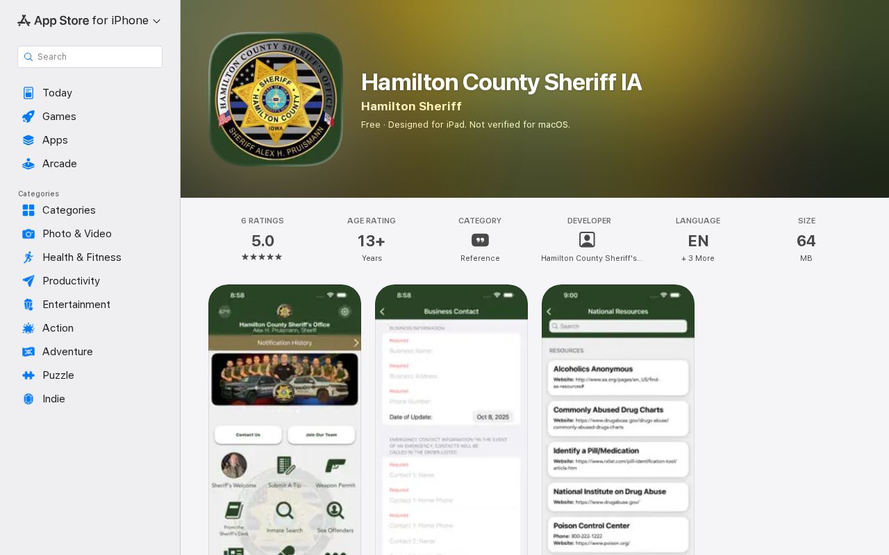 Hamilton County Sheriff IA inmate search app listing