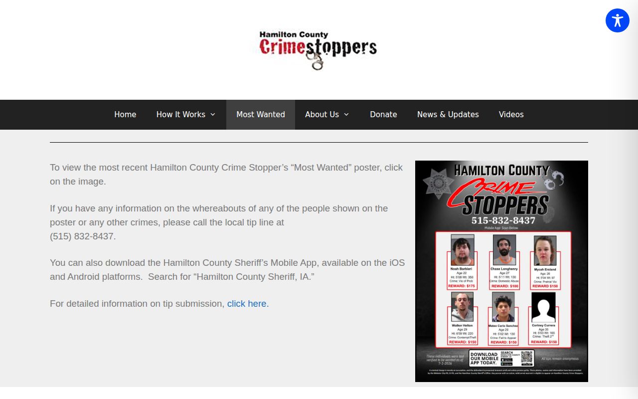 Hamilton County Crime Stoppers most-wanted poster access page